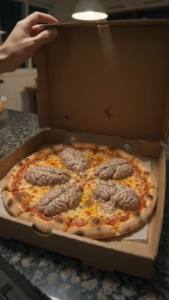 Eu pedi uma pizza ontem à noite. O entregador a trouxe para mim