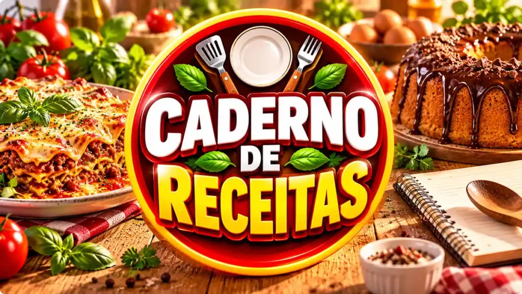 Ilustração editorial do tema Caderno de Receitas com pratos caseiros em ambiente de cozinha