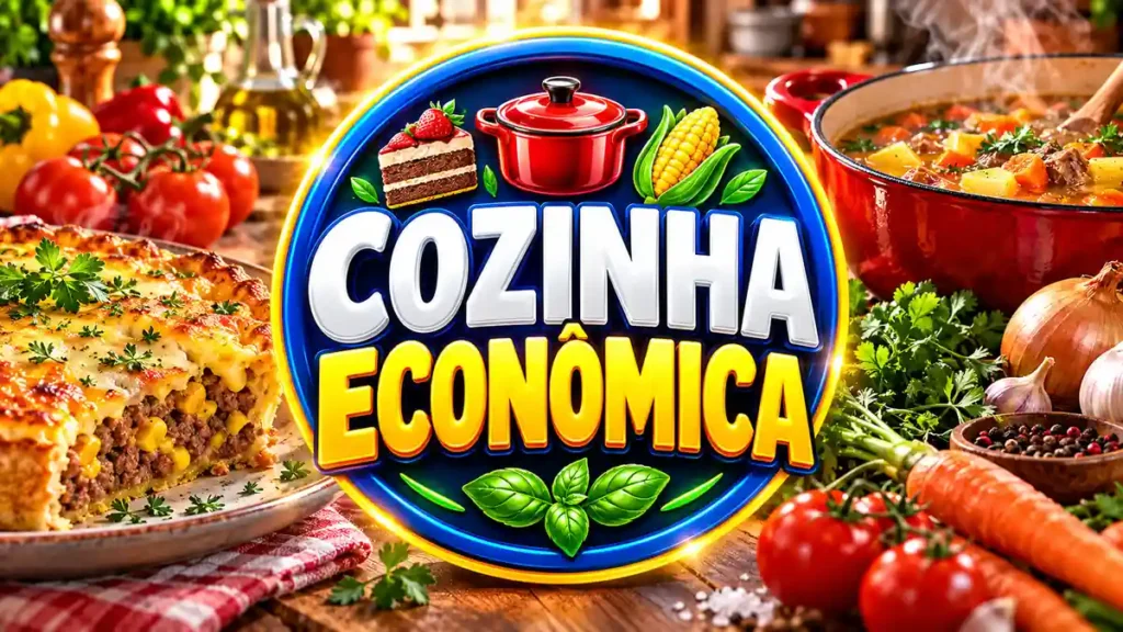 Ilustração editorial do tema Cozinha Econômica com pratos caseiros em ambiente de cozinha