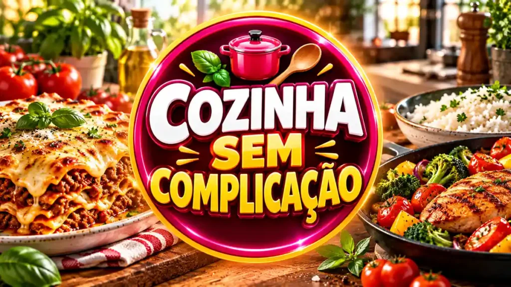 Ilustração editorial do tema Cozinha Sem Complicação com pratos caseiros em ambiente de cozinha