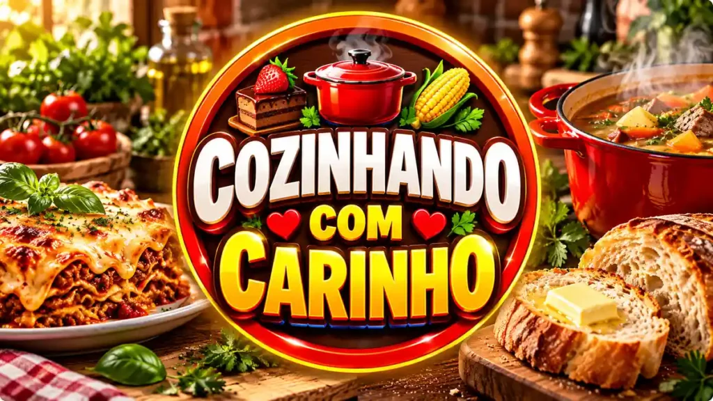 Ilustração editorial do tema Cozinhando com Carinho com pratos caseiros em ambiente de cozinha