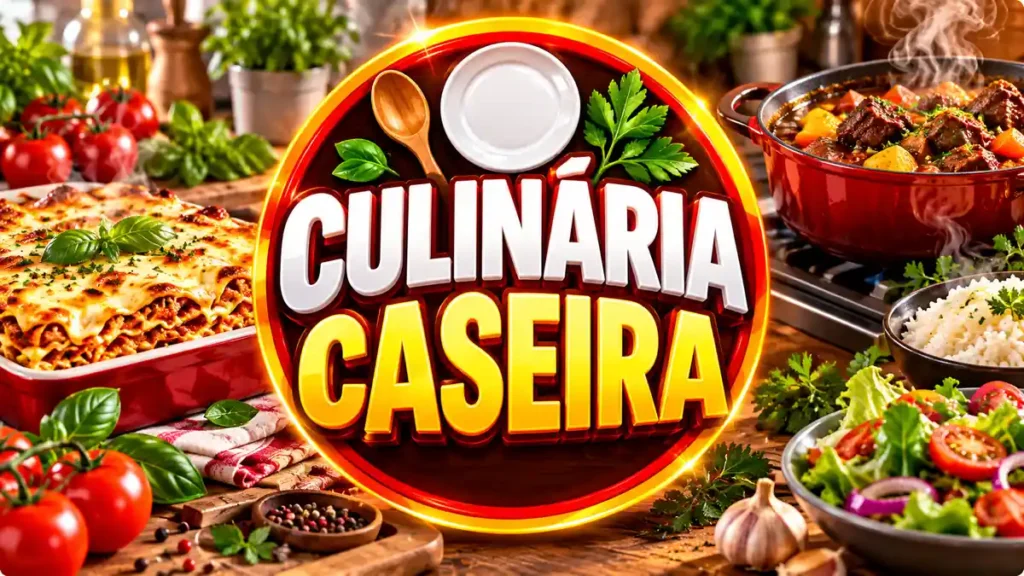 Ilustração editorial do tema Culinária Caseira com pratos caseiros em ambiente de cozinha
