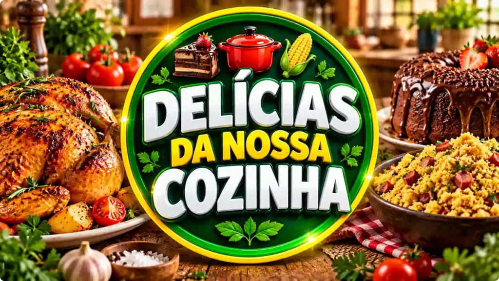 Ilustração editorial do tema Delícias da Nossa Cozinha com pratos caseiros em ambiente de cozinha