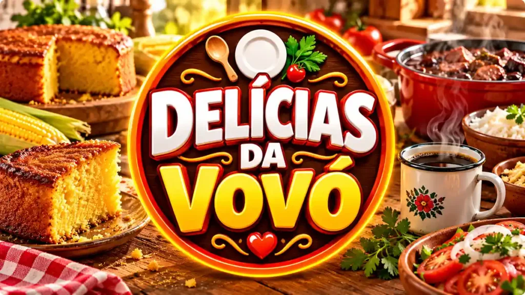 Ilustração editorial do tema Delícias da Vovó com pratos caseiros em ambiente de cozinha