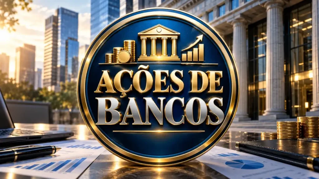 Arte ilustrativa 16:9 sobre ações do setor bancário, categoria ações, no AulaFocus