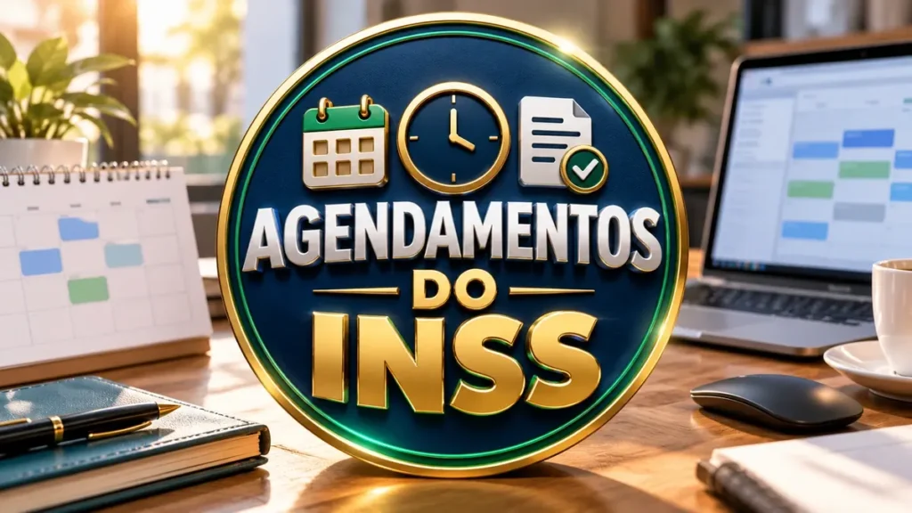 Arte ilustrativa 16:9 sobre agendamento de serviços previdenciários, categoria inss, no AulaFocus