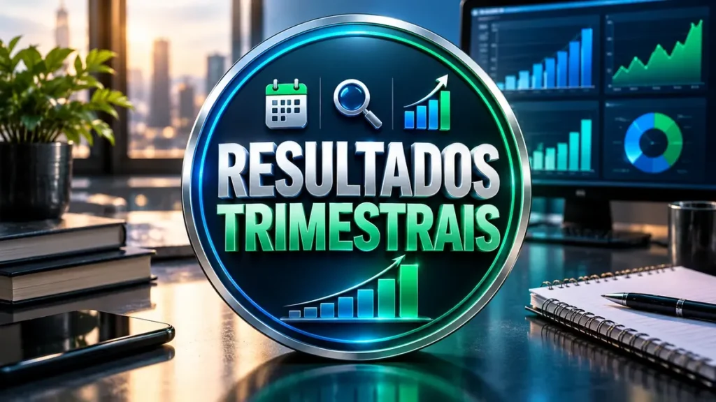 Arte ilustrativa 16:9 sobre análise de resultados trimestrais, categoria ações, no AulaFocus