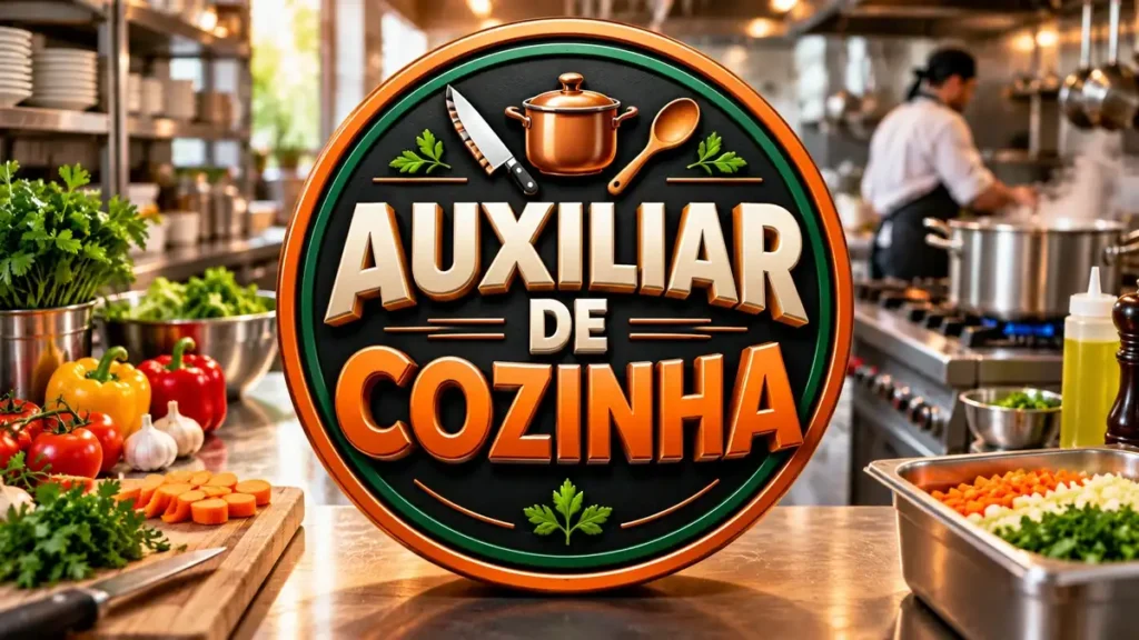 Arte ilustrativa 16:9 sobre auxiliar de cozinha e copeiro, categoria empregos, no AulaFocus