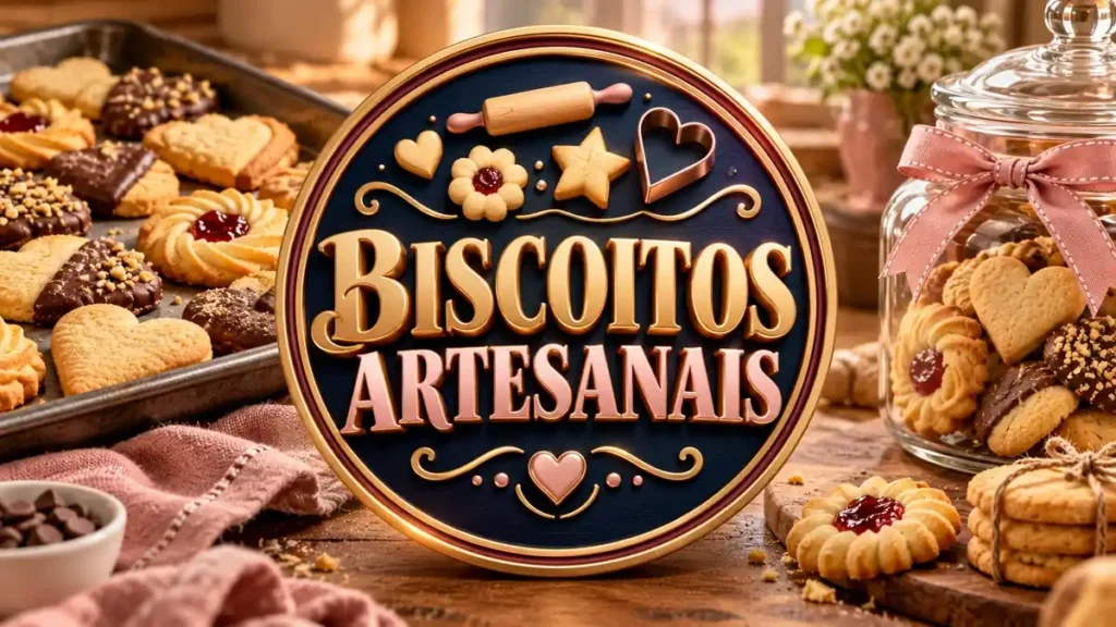 Arte ilustrativa 16:9 sobre biscoitos e bolachas artesanais, categoria receitas, no AulaFocus