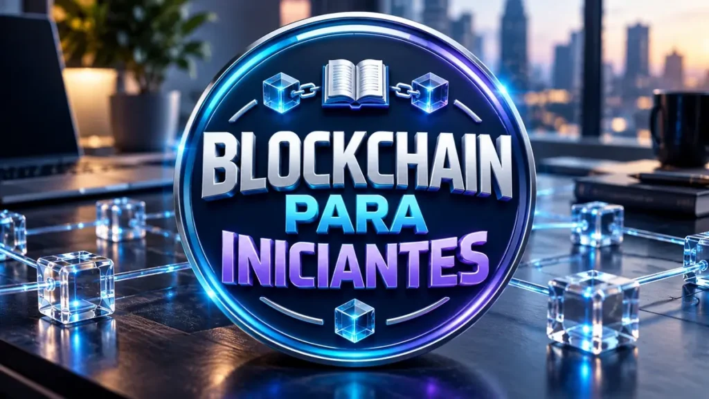 Arte ilustrativa 16:9 sobre blockchain explicada para iniciantes, categoria criptos, no AulaFocus