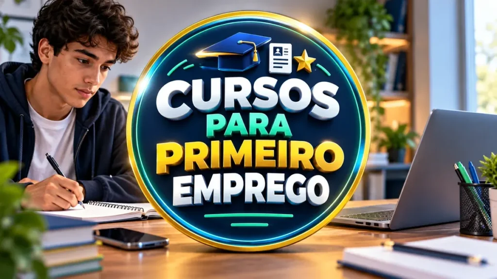 Arte ilustrativa 16:9 sobre capacitação online para primeiro emprego, categoria cursos, no AulaFocus