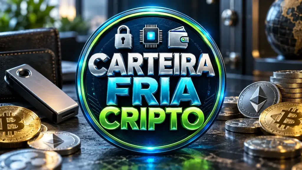 Arte ilustrativa 16:9 sobre carteira fria de criptomoedas, categoria criptos, no AulaFocus