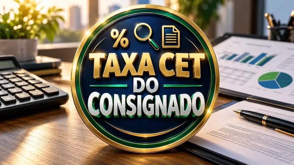 Arte ilustrativa 16:9 sobre como entender a taxa cet do consignado, categoria consignado, no AulaFocus