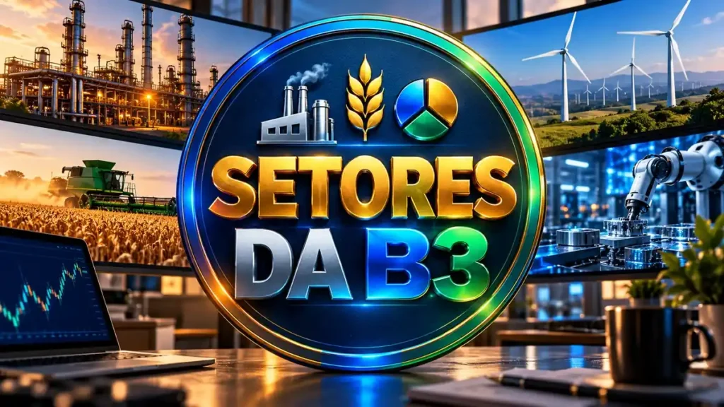 Arte ilustrativa 16:9 sobre como estudar setores da b3, categoria ações, no AulaFocus