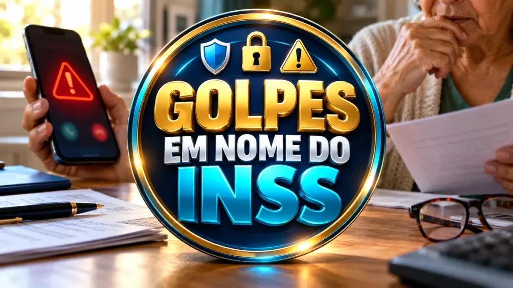 Arte ilustrativa 16:9 sobre como identificar golpes em nome do inss, categoria inss, no AulaFocus