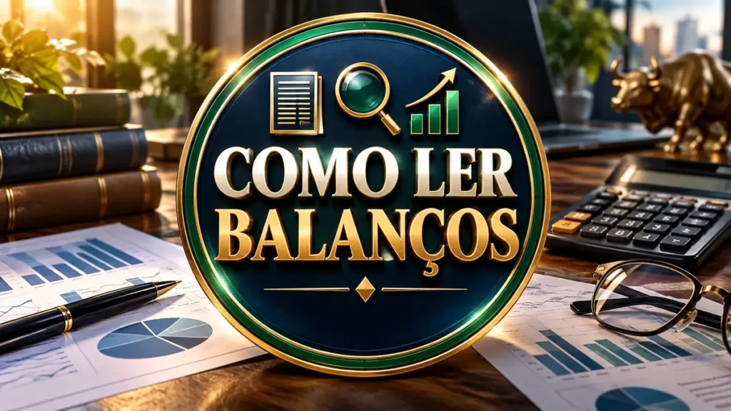 Arte ilustrativa 16:9 sobre como ler balanços de empresas, categoria ações, no AulaFocus
