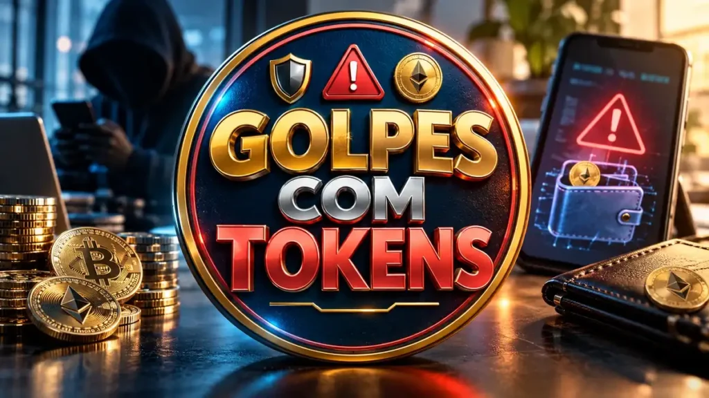 Arte ilustrativa 16:9 sobre como reconhecer golpes com tokens, categoria criptos, no AulaFocus