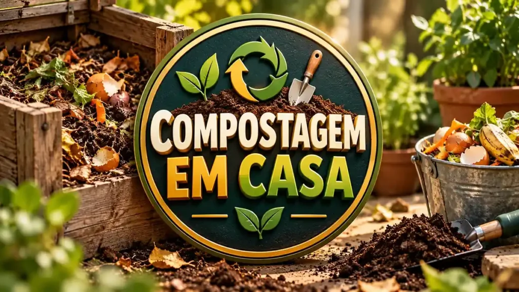 Arte ilustrativa 16:9 sobre compostagem doméstica passo a passo, categoria jardim, no AulaFocus