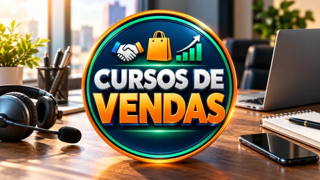 Arte ilustrativa 16:9 sobre cursos de atendimento e vendas, categoria cursos, no AulaFocus