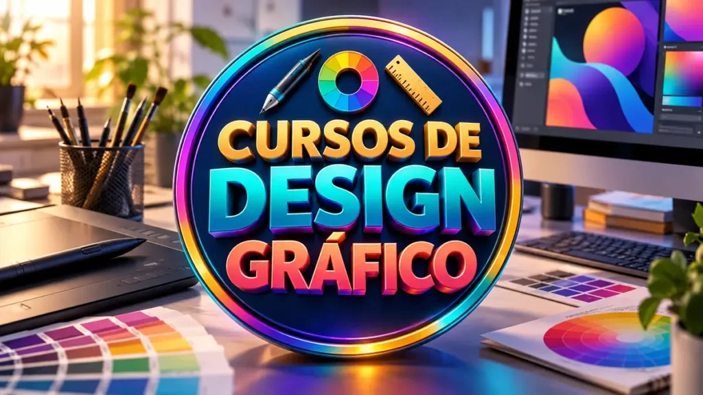 Arte ilustrativa 16:9 sobre cursos de design gráfico para iniciantes, categoria cursos, no AulaFocus