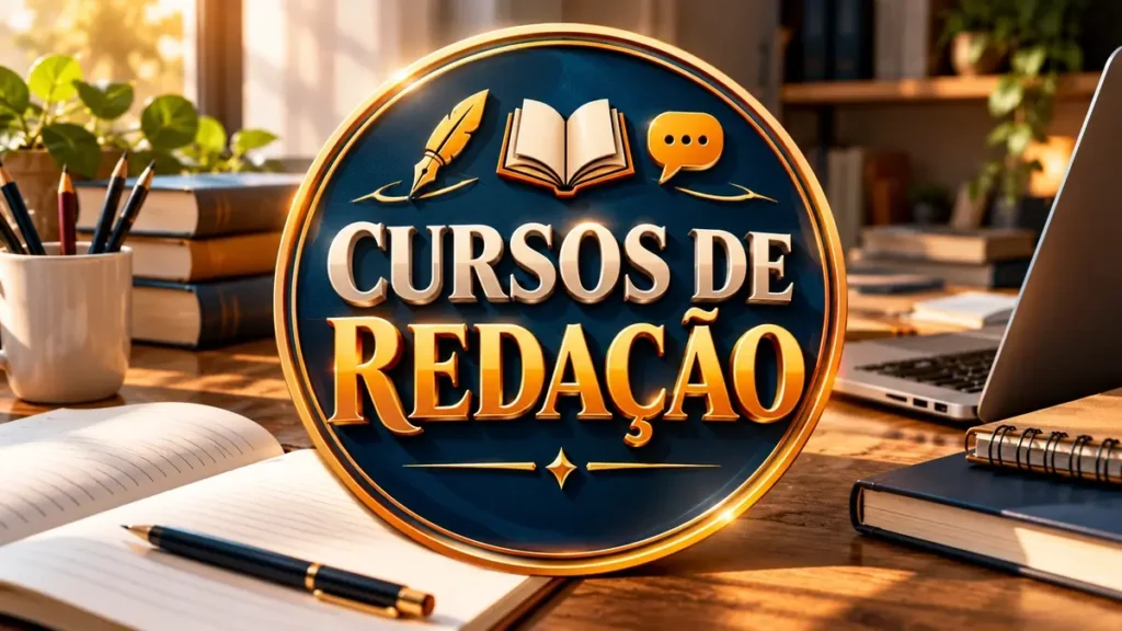 Arte ilustrativa 16:9 sobre cursos de redação e comunicação, categoria cursos, no AulaFocus