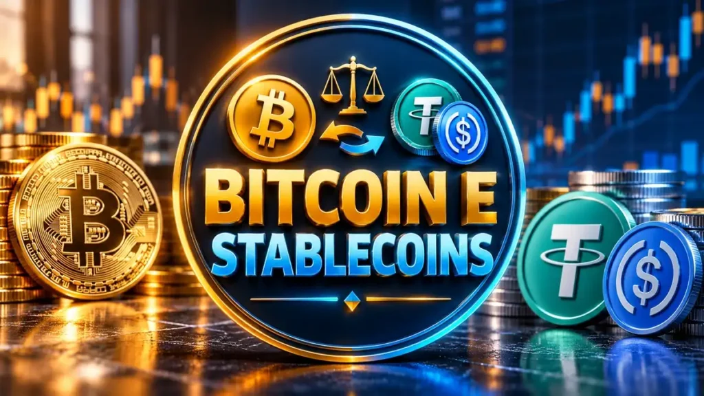 Arte ilustrativa 16:9 sobre diferenças entre bitcoin e stablecoins, categoria criptos, no AulaFocus
