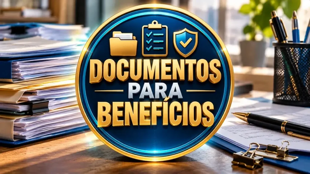 Arte ilustrativa 16:9 sobre documentos para solicitar benefícios, categoria inss, no AulaFocus
