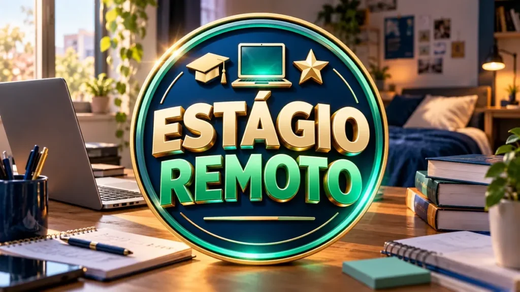 Arte ilustrativa 16:9 sobre estágio remoto para universitários, categoria empregos, no AulaFocus