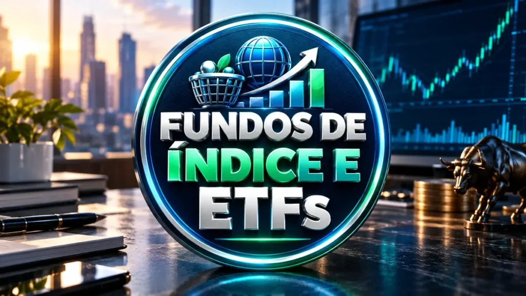 Arte ilustrativa 16:9 sobre fundos de índice e etfs, categoria investimentos, no AulaFocus