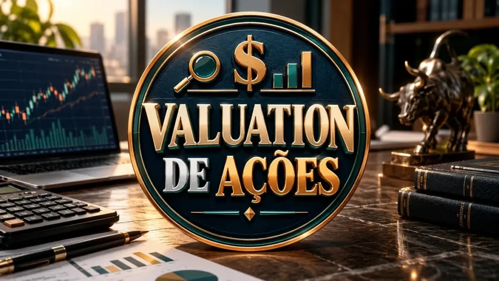 Arte ilustrativa 16:9 sobre indicadores de valuation de ações, categoria ações, no AulaFocus