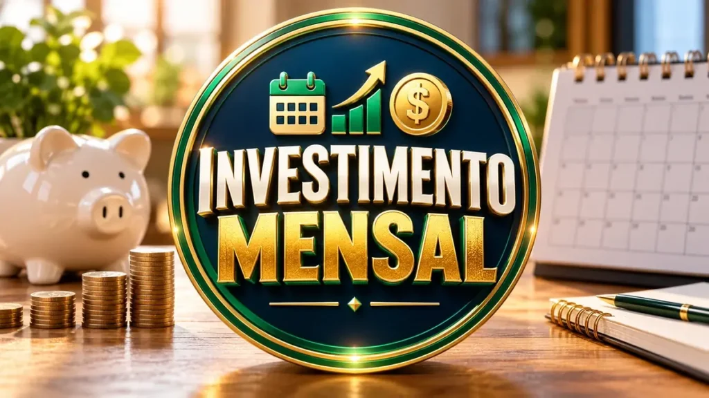 Arte ilustrativa 16:9 sobre investimento mensal programado, categoria investimentos, no AulaFocus