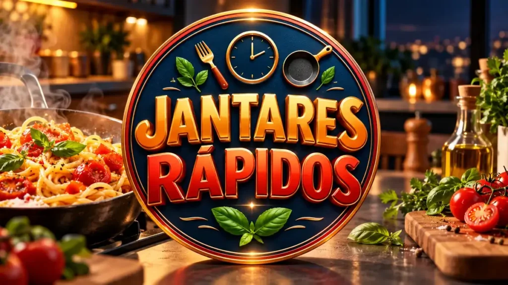 Arte ilustrativa 16:9 sobre jantares rápidos e práticos, categoria receitas, no AulaFocus
