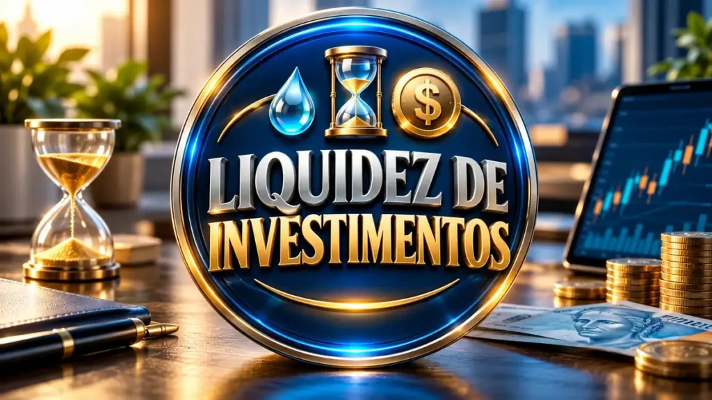 Arte ilustrativa 16:9 sobre liquidez de aplicações financeiras, categoria investimentos, no AulaFocus