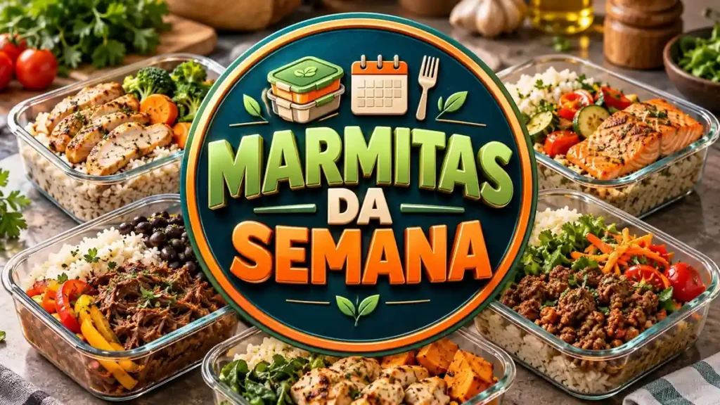 Arte ilustrativa 16:9 sobre marmitas caseiras para a semana, categoria receitas, no AulaFocus