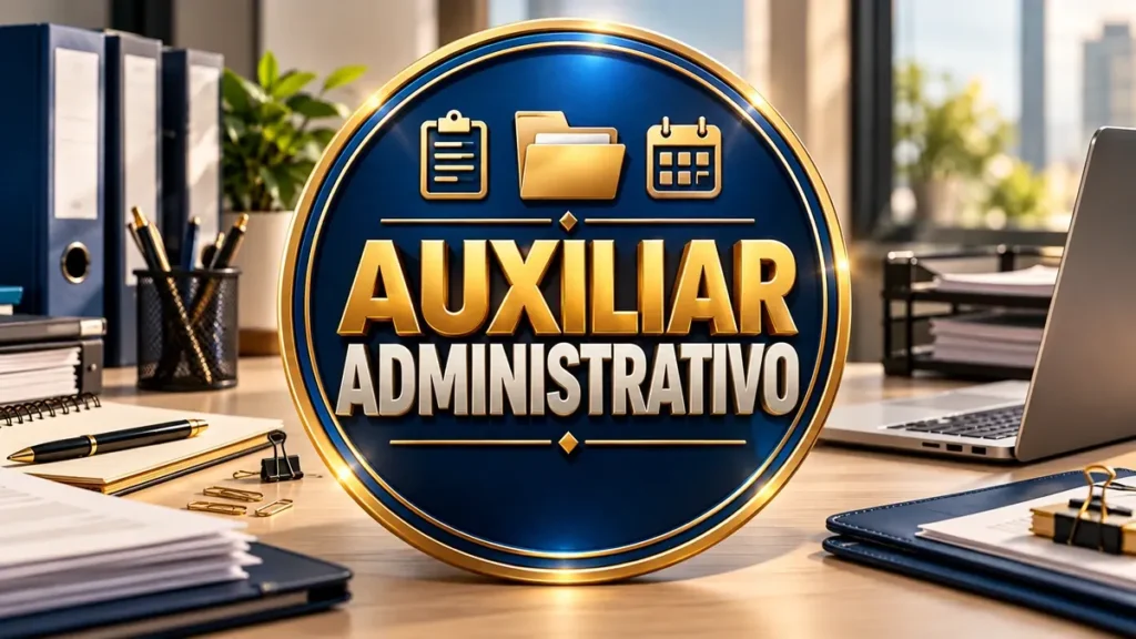 Arte ilustrativa 16:9 sobre oportunidades de auxiliar administrativo, categoria empregos, no AulaFocus