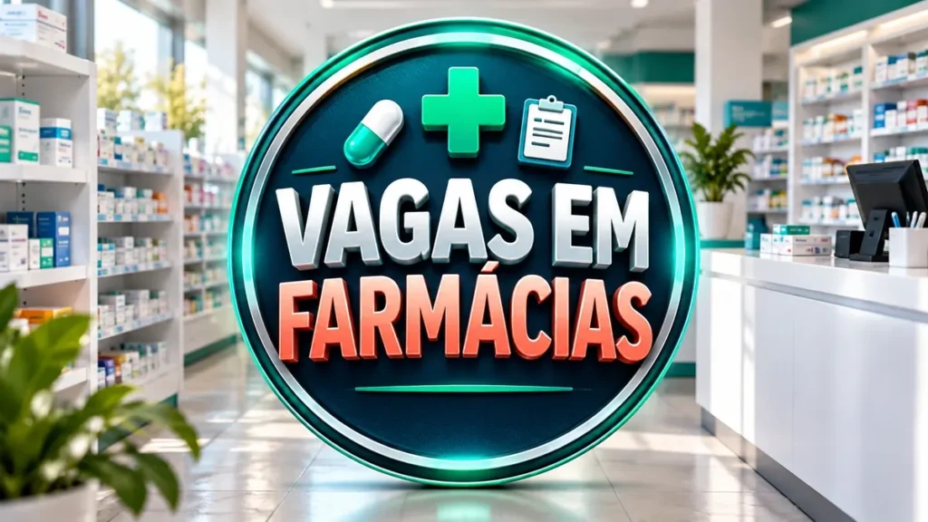 Arte ilustrativa 16:9 sobre oportunidades em farmácias, categoria empregos, no AulaFocus