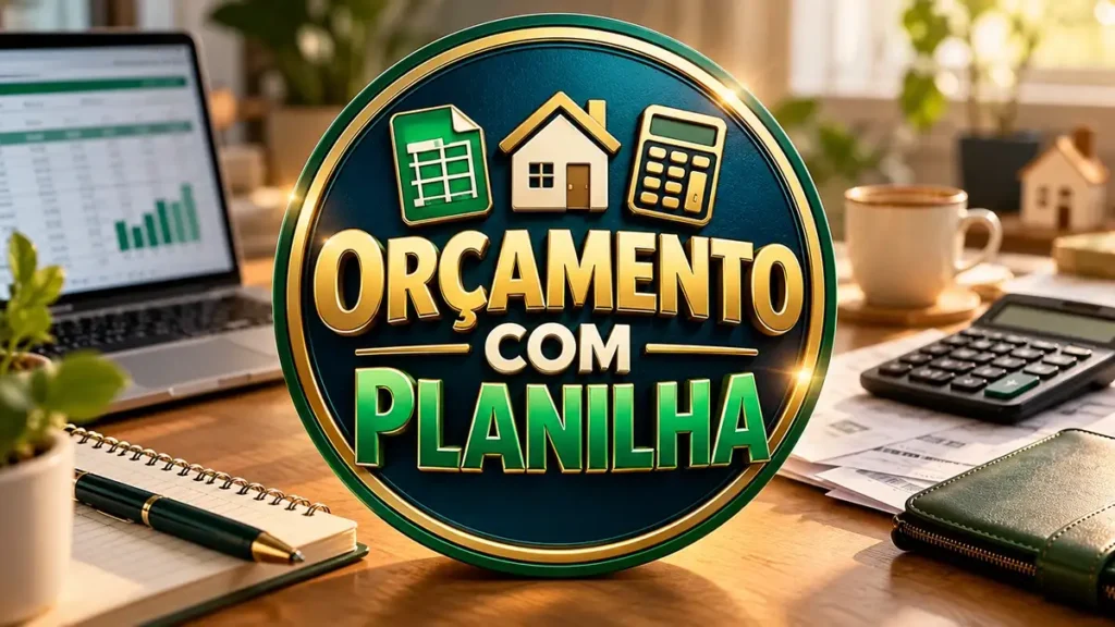 Arte ilustrativa 16:9 sobre orçamento doméstico com planilha, categoria finanças, no AulaFocus