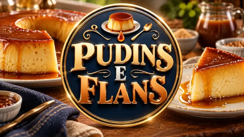 Arte ilustrativa 16:9 sobre pudins e flans caseiros, categoria receitas, no AulaFocus