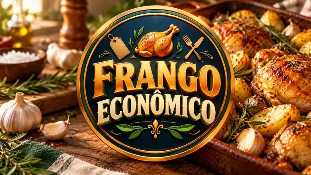 Arte ilustrativa 16:9 sobre receitas econômicas com frango, categoria receitas, no AulaFocus