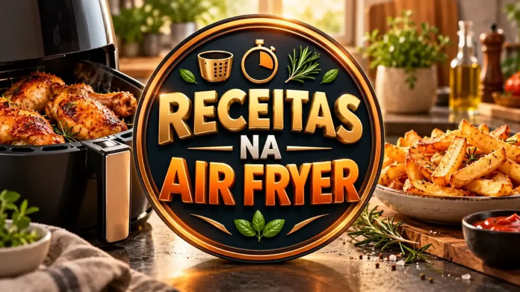 Arte ilustrativa 16:9 sobre receitas práticas na air fryer, categoria receitas, no AulaFocus
