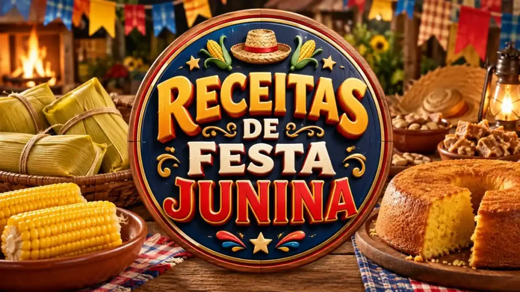 Arte ilustrativa 16:9 sobre receitas típicas de festa junina, categoria receitas, no AulaFocus