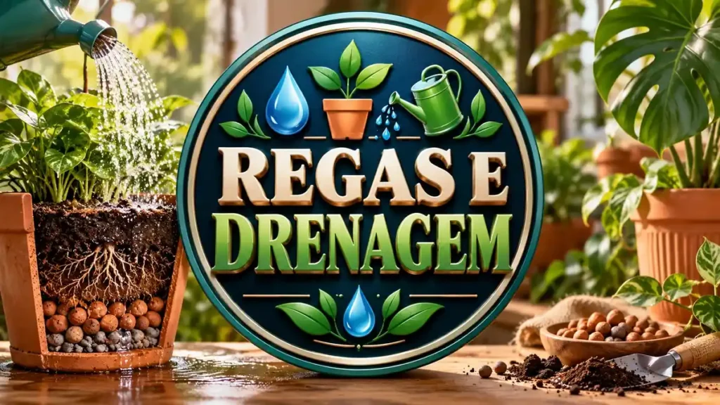 Arte ilustrativa 16:9 sobre regas e drenagem para vasos, categoria jardim, no AulaFocus