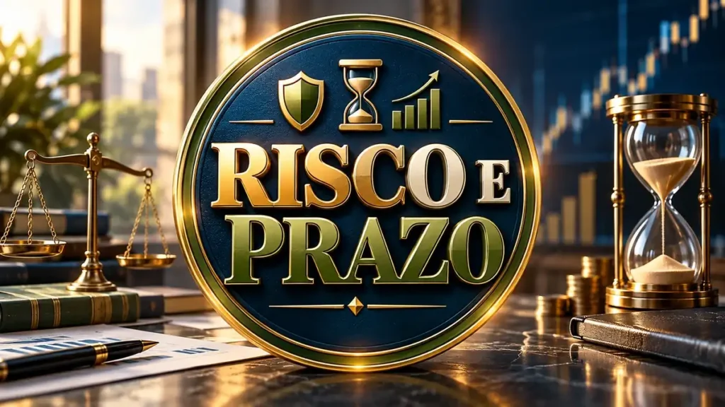 Arte ilustrativa 16:9 sobre risco e prazo de investimentos, categoria investimentos, no AulaFocus