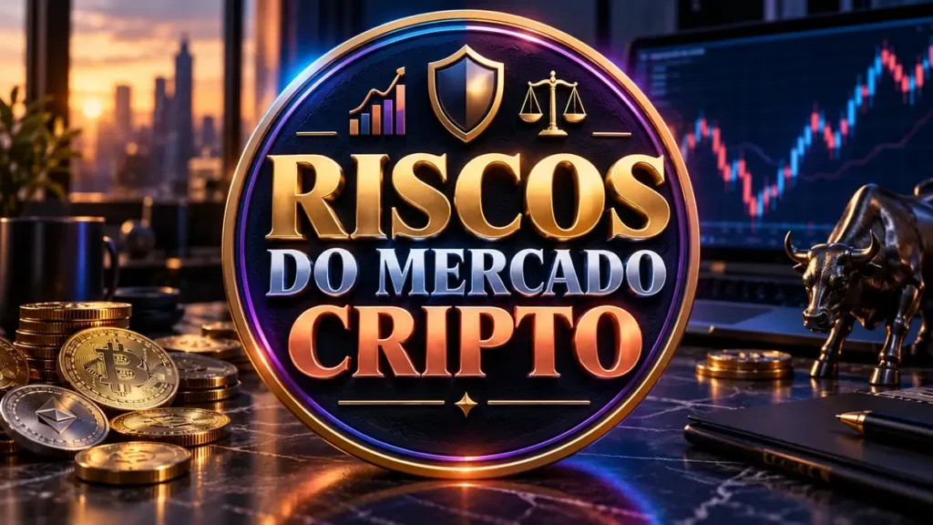 Arte ilustrativa 16:9 sobre riscos do mercado de criptomoedas, categoria criptos, no AulaFocus