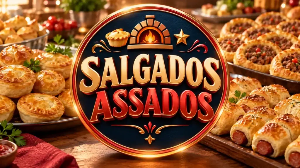 Arte ilustrativa 16:9 sobre salgados assados para festas, categoria receitas, no AulaFocus
