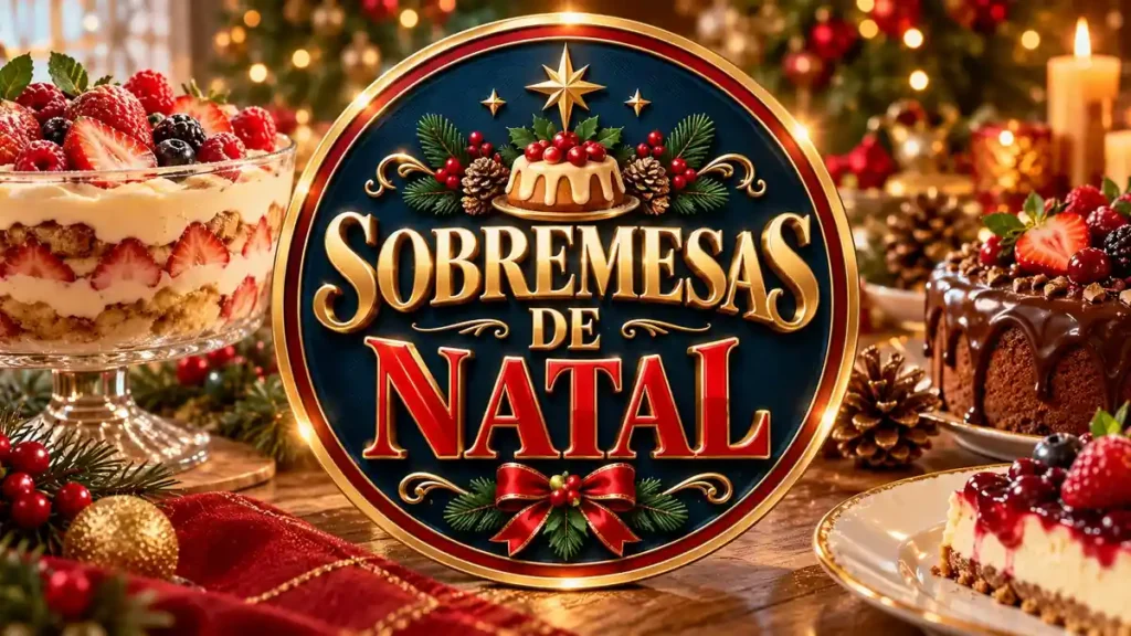 Arte ilustrativa 16:9 sobre sobremesas de natal e fim de ano, categoria receitas, no AulaFocus