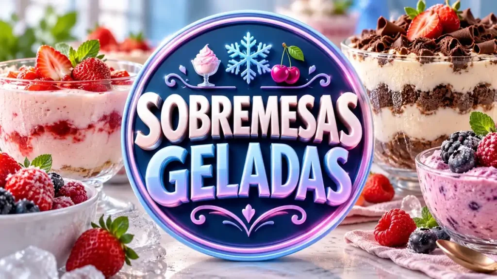 Arte ilustrativa 16:9 sobre sobremesas geladas e rápidas, categoria receitas, no AulaFocus