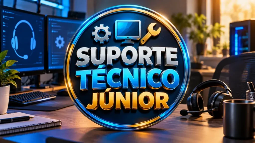 Arte ilustrativa 16:9 sobre suporte técnico júnior remoto, categoria empregos, no AulaFocus