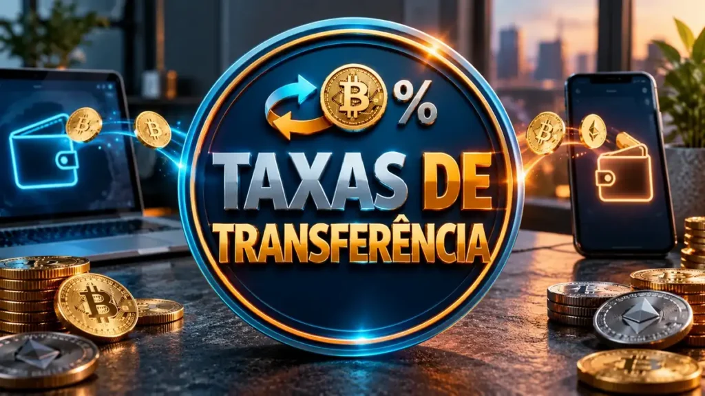Arte ilustrativa 16:9 sobre taxas de transferência em cripto, categoria criptos, no AulaFocus
