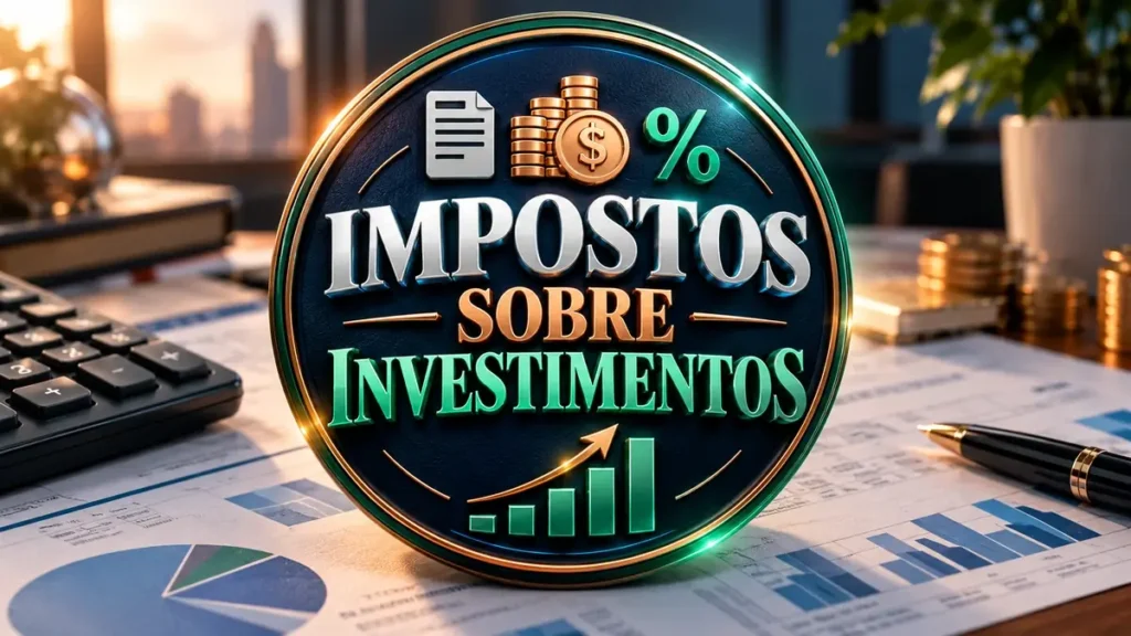 Arte ilustrativa 16:9 sobre tributação básica de aplicações, categoria investimentos, no AulaFocus